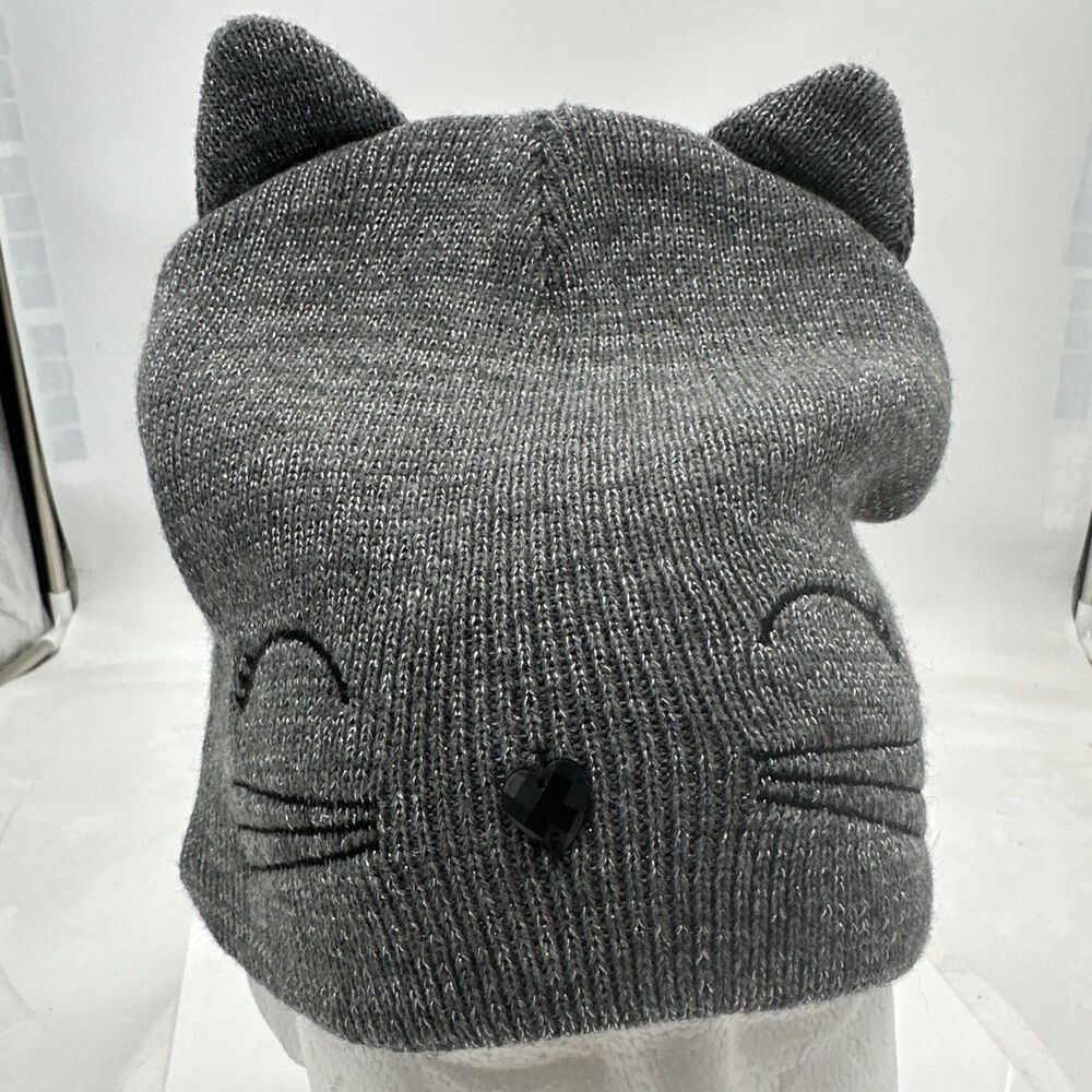 JUSTICE GIRLS KITTY CAT BEANIE HAT - GRAY SILVER SPARKLE